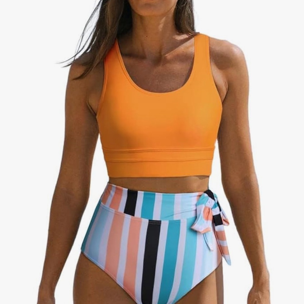 Yellow and Orange Bikini with Sporty Crop Top and High-Waisted Striped Bottoms